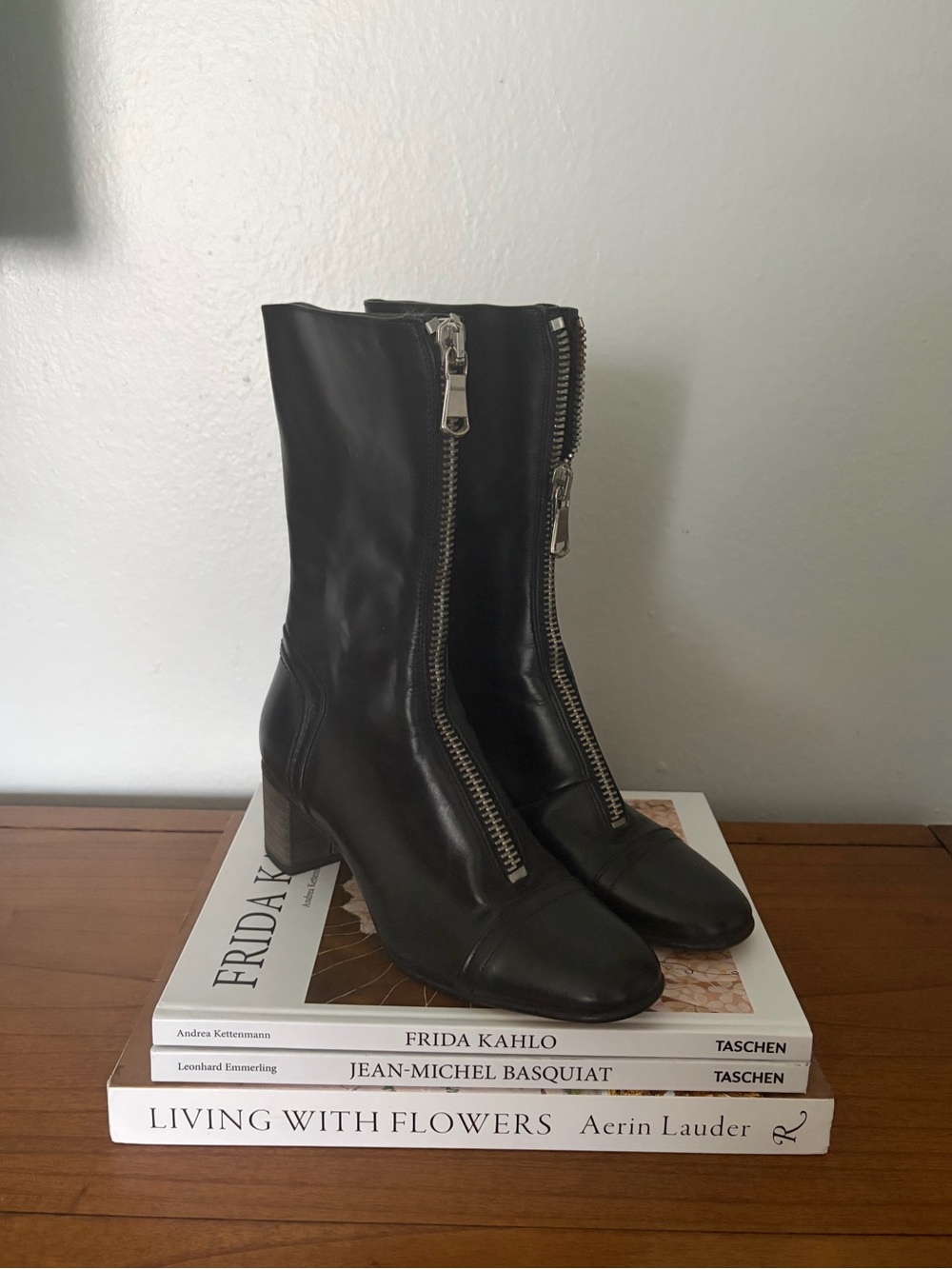 Zara Black Leather Mid-Calf Zip-Up Block Heel Boots